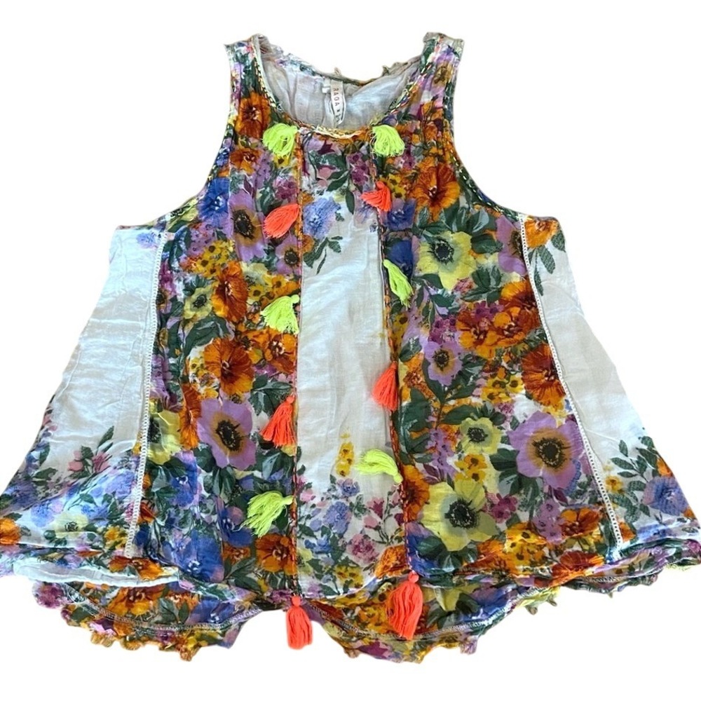 Raga Tank Top Women Medium Cotton Multi Floral Tassel‎ Boho Flowy